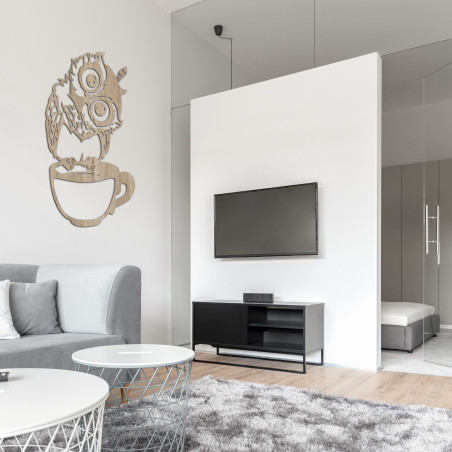 Drevený roztomilý obraz na stenu sova v šálke - sova