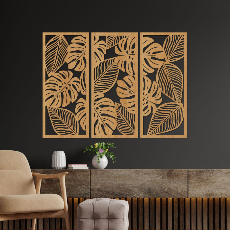 Trojdielny obraz s listami Monstera