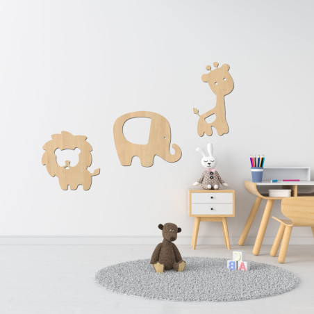 Drevená dekorácia Safari – slon, lev a žirafa na stenu