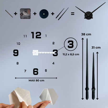 Dizajnové 3D hodiny s kontrastnými číslicami a jemnými bodovými značkami.