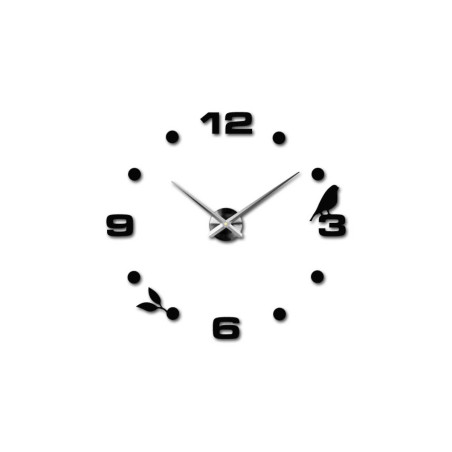 Moderné hodiny s veľkými číslami, vtáčím motívom a minimalistickými bodmi. Moderné hodiny s veľkými číslami, vtáčím motívom a minimalistickými bodmi.