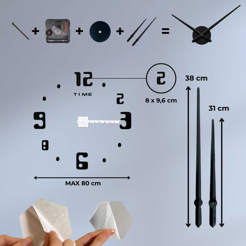 Nástenné hodiny s nápisom TIME pod číslom dvanásť a moderným číselným štýlom.