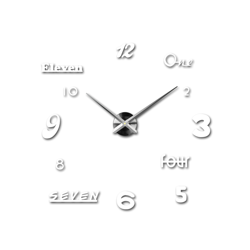 Dizajnové hodiny na stenu s kombináciou čísel a slov v kreatívnom usporiadaní.