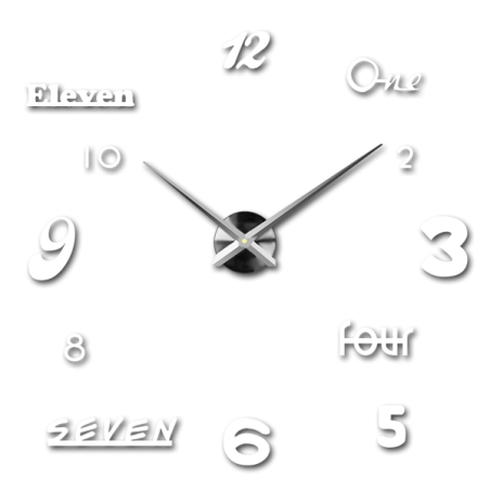 Dizajnové hodiny na stenu s kombináciou čísel a slov v kreatívnom usporiadaní. Dizajnové hodiny na stenu s kombináciou čísel a slov v kreatívnom usporiadaní.