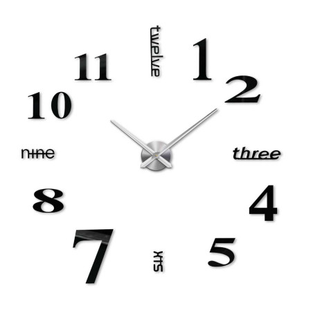 Nalepovacie hodiny s výraznými ručičkami a netradičnou typografiou čísiel. Nalepovacie hodiny s výraznými ručičkami a netradičnou typografiou čísiel.