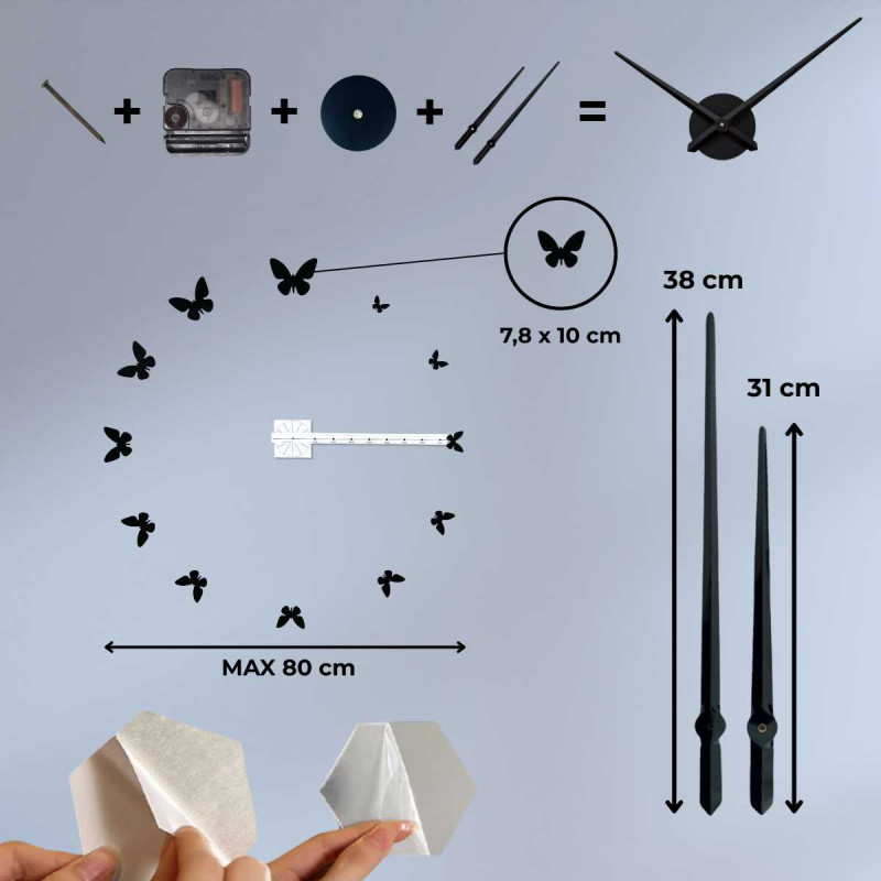 Ilustrácia ukazuje celkový priemer nástenných hodín a dĺžku hodinovej aj minútovej ručičky.