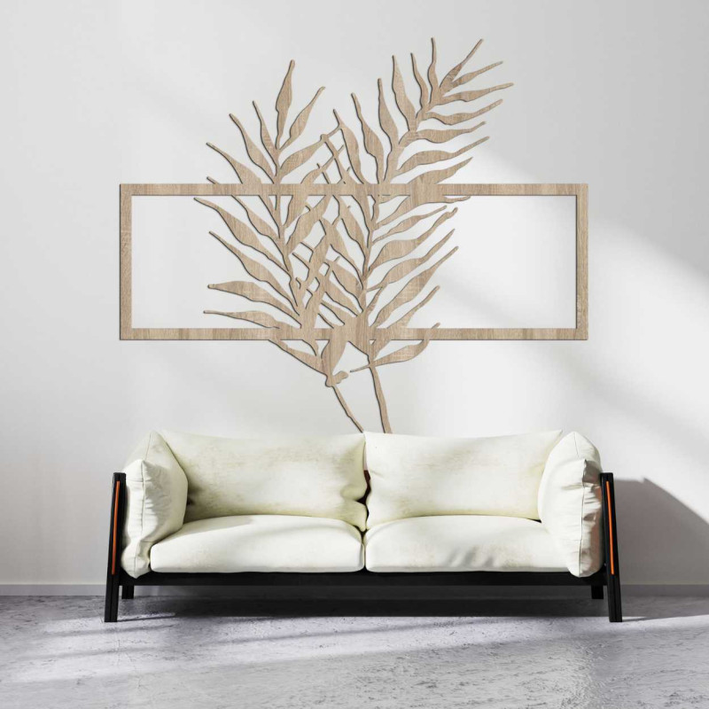 Drevený obraz s minimalistickými listami v ráme...