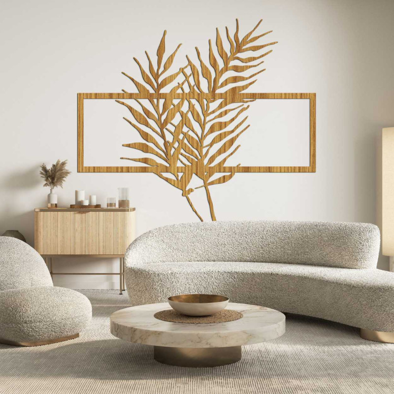 Drevený obraz s minimalistickými listami v ráme...