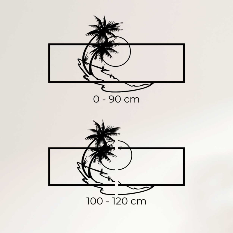 Drevený dekoračný panel s palmami a západom...