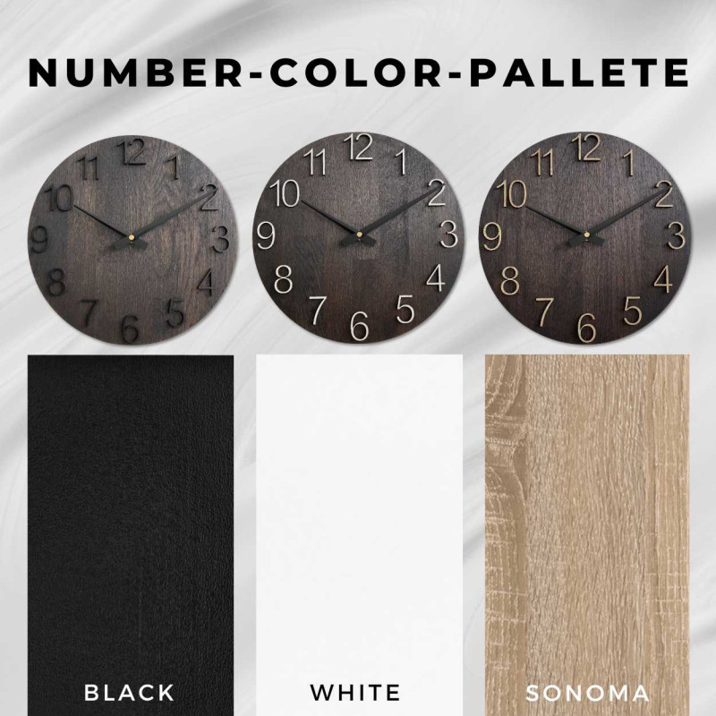 Kruhové hodiny z dreva s jemným prírodným motívom a čitateľnými číslicami.