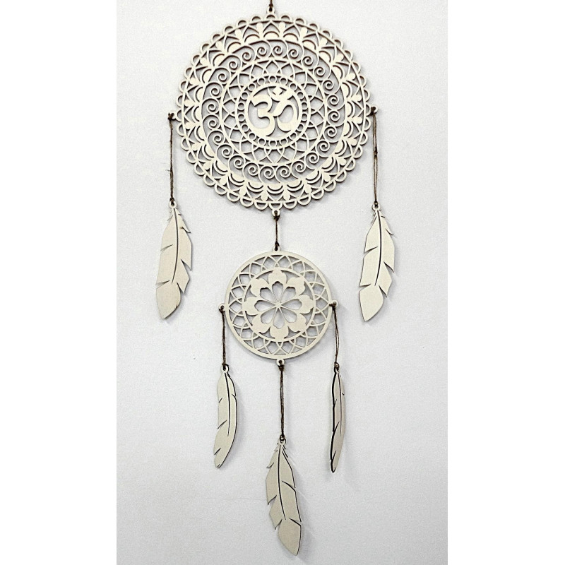 Spirituálny lapač snov OM, drevená dekorácia na stenu, pierka z topoľovej preglejky, boho štýl.