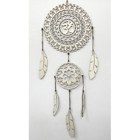 Spirituálny lapač snov OM, drevená dekorácia na stenu, pierka z topoľovej preglejky, boho štýl.