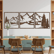 Drevená nástenná dekorácia Hory – 3-dielny set vo farbe WALNUT